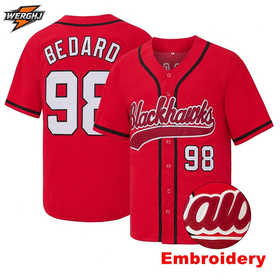 Men's #98 Bedard Blackhawks Red Baseball Jersey, Embroidered Casual Sports Baseball Shirt, Fan Gift
