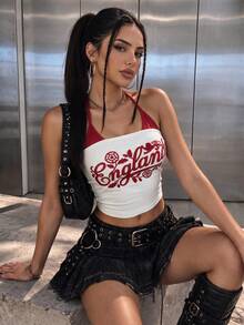 Women's Casual British Style Mesh Lace-Up Fitted Cropped Camisole Top, Suitable For Street Style In Spring And Summer - Red and White - View 1