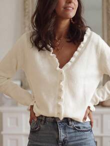 Women's Solid V-Neck Ruffle Trim Button Fall/Winter Casual Chic Elegant Versatile Long Sleeve Knit Cardigan – Daily Street Soft Vibe Wear - White - View 10