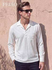 FEIAO Men's Vintage "Old Money Style" Solid Color Half-Placket Long Sleeve Casual Commuter Polo Shirt, Suitable For Autumn, Versatile And Easy To Match - White - View 1