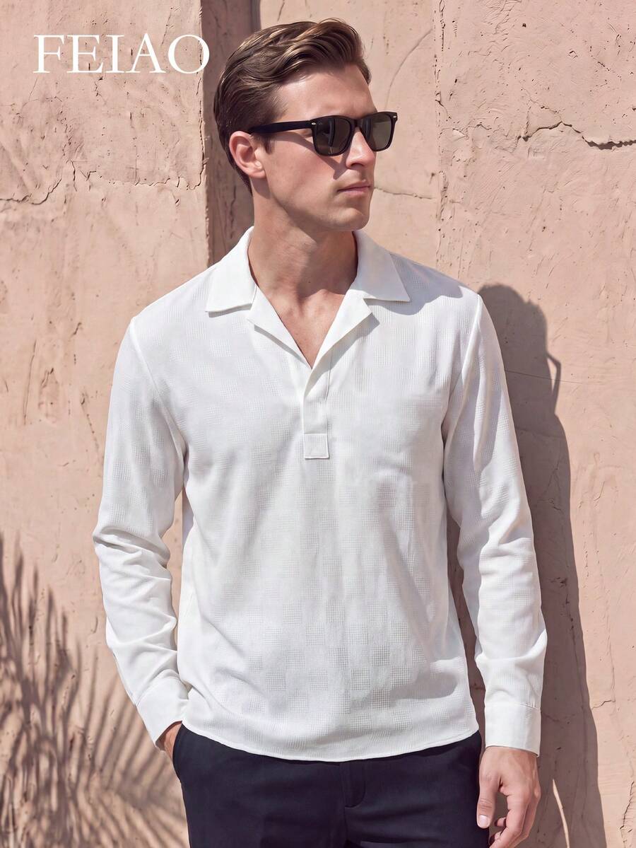 FEIAO Men's Vintage "Old Money Style" Solid Color Half-Placket Long Sleeve Casual Commuter Polo Shirt, Suitable For Autumn, Versatile And Easy To Match - White - View 1
