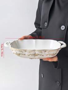1pc French Embossed Floral Ceramic Dish, Vintage Floral Multi-Functional Rectangular Household Baking Dish/Roasting Pan, With Dual Curved Handles & Gold Rim, Oven And Microwave , Multi-Purpose Tray For Fruit, Salad, Home Table Decor, Holiday Tableware - Multicolor - View 11