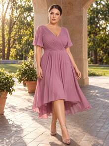 EVERPRETTY Plus Size Women's Double V-Neck Ruffle Sleeve A-Line Chiffon Mid-Length Formal Bridesmaid Dress - Dusty Pink - View 2