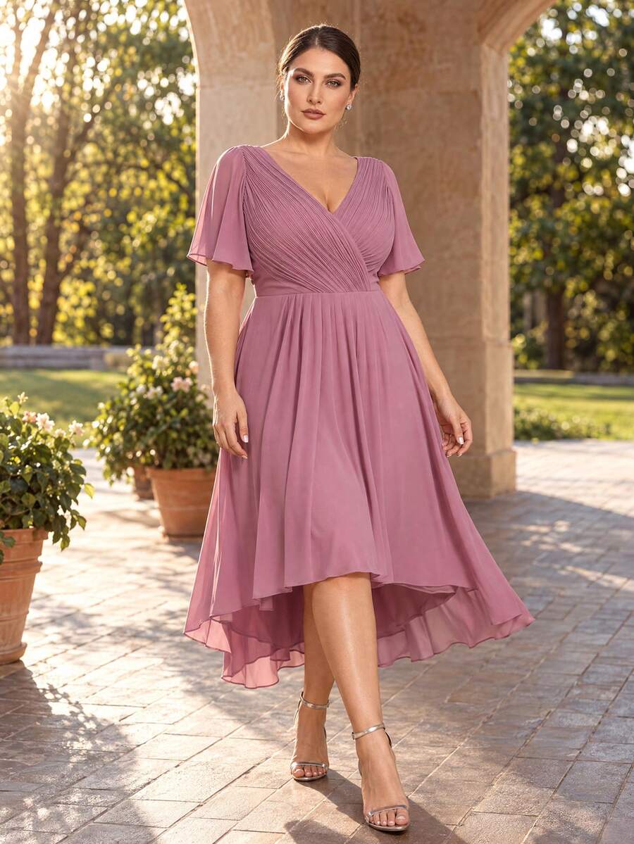 EVERPRETTY Plus Size Women's Double V-Neck Ruffle Sleeve A-Line Chiffon Mid-Length Formal Bridesmaid Dress