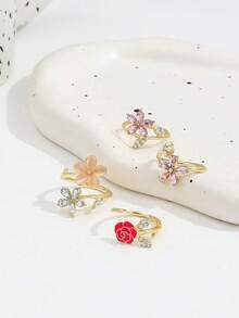 4pcs/Set Lovely Pink Rose Flower Adjustable Rings, Faux Pearl Diamond Decor Five-Petal Floral Ring Set For Women - Multicolor - View 4