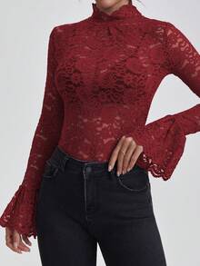 Atasan Renda Burgundy Wanita, Cocok untuk Halloween, Natal, - Burgundy - View 4