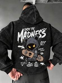Hoodie Pria Motif Kartun Beruang Skateboard dengan Tampilan Lusuh dan Dicuci, Pullover Streetwear Longgar Bergambar Kartun - Hitam - View 4
