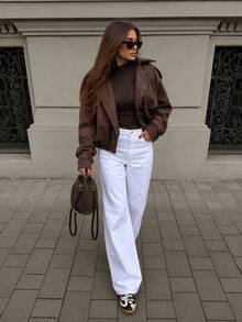 2026 New Autumn/Winter Vintage Faux Suede Short Loose Jacket, Long Sleeve Lapel Casual Everyday Outerwear - Coffee Brown - View 8