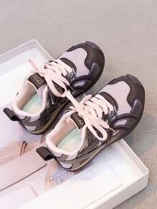 Girls' Mesh Breathable Athletic Shoes, Lace-Up Patchwork Design, Thick Sole, Anti-Slip, Lightweight Outdoor Running Shoes - Brown - View 2
