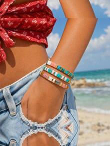 3PCS Summer Bohemian Style TILA Bead Bracelets, High-End Minimalist Elastic Design TL Bracelet Set, Stackable TL Bracelets, Birthday Gift, Family Gift, Couple Gift, Summer Gift - Multicolor - View 3