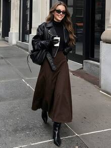 High Waist Stitched Detail Flared Midi Skirt, Elegant A-Line Trumpet Long Skirt, Autumn/Winter - Dark Brown - View 2