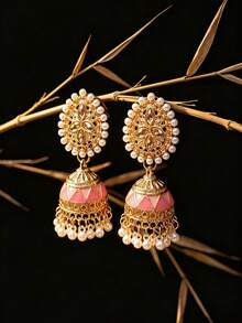 1 Pair European And American Vintage Glamorous Rhinestone Earrings With Painted Oil Pearl Bell Pendant Jewelry, Suitable For Women's Daily Wear - Classical - View 1