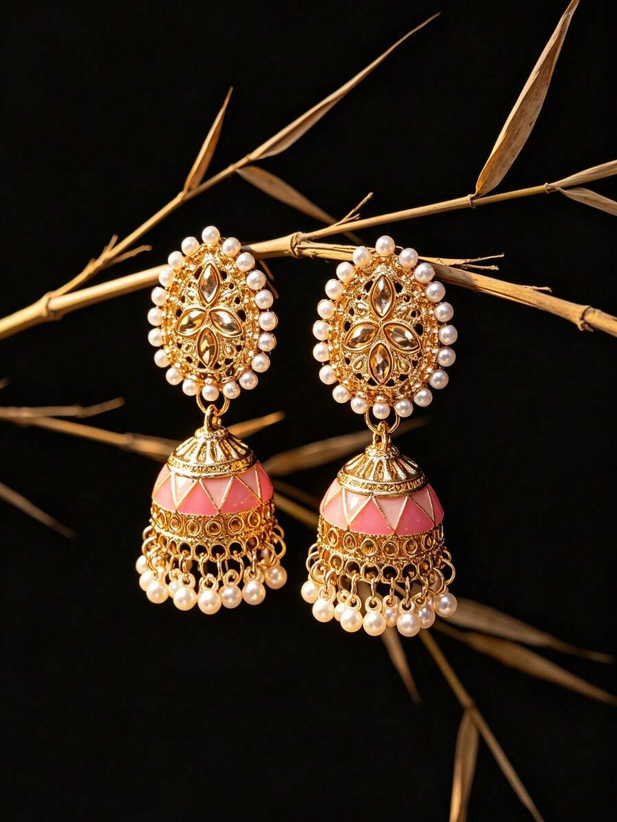 1 Pair European And American Vintage Glamorous Rhinestone Earrings With Painted Oil Pearl Bell Pendant Jewelry, Suitable For Women's Daily Wear - Classical - View 1