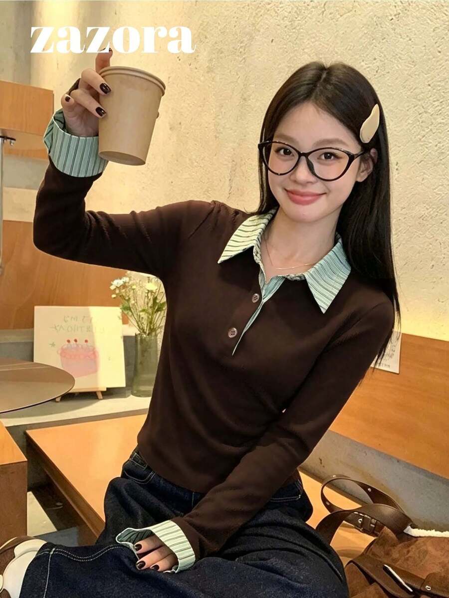 Korean Style Polo Collar Long Sleeve T-Shirt Women Inner Layer Slim Fit Flattering Unique Beautiful Base Layer Top Autumn Clothing - Brown - View 1
