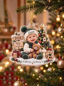 1pc Personalized Baby Photo And Text Christmas Ornament, Custom 2026 Baby First Christmas Acrylic Hanging Decor, Newborn Holiday Keepsake Gift - Multicolor - View 2