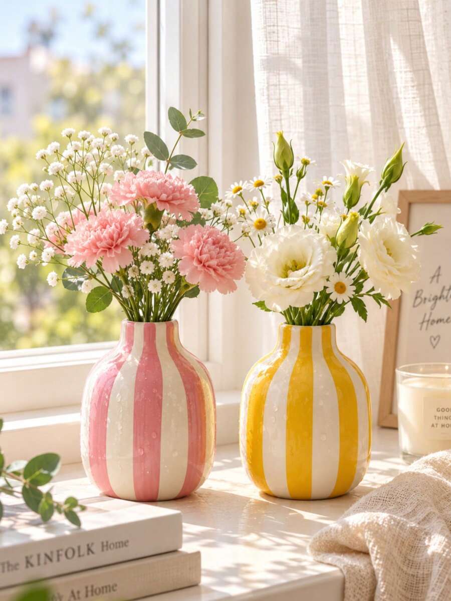 1pc Vintage Striped Bold Vase, Decorative Tabletop Vase, Suitable For Floral Arrangement, Living Room Desktop Ornament, Christmas Holiday Home Decor - Small Round Bottle - View 1
