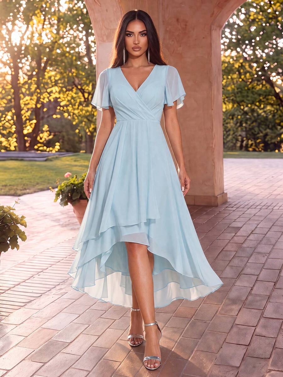 EVERPRETTY Elegant Chiffon V-Neck Pleated Front Light Blue Bridesmaid Dress, Soft High-Low Ruffle Hem, Suitable For Wedding Ceremony And Formal Evening Occasions