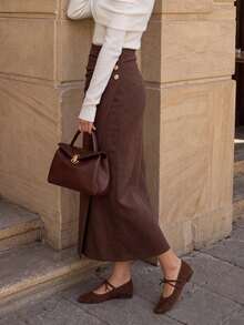 Women's Vintage Brown Faux Suede Slim Fit Midi Skirt,High-Waisted Side Ruched Button-Up Slit Elegant Skirt, Suitable For Office, Date, And Casual Wear - Brown - View 8
