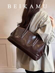 Women's Vintage Oil Wax PU Shoulder Bag, Slim Strap Zipper Tote Bag, Large Capacity Commuter Handbag - Coffee - View 3