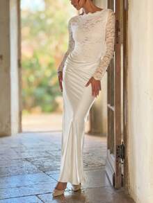 Lace & Satin Patchwork Pleated Long Evening Gown For Party - White - View 6
