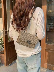 Women's Crossbody Bag, Monogram Canvas Flap With Gunmetal Chain, Turn-Lock Closure, Vintage Chic For Daily Wear, Party & Dating - Khaki - View 4