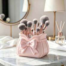 3D Printed Pink Bow Makeup Brush Holder, Cosmetic Beauty Product Storage Box, Multi-Functional Desktop Pen Holder, Makeup Bag Shaped Beauty Display Rack, Vanity Makeup Tool Organizer, Bathroom Skincare Organizer, Ins Style Desktop Decor, Girly Style Beauty Storage Container, Home Decor - Pink - View 5
