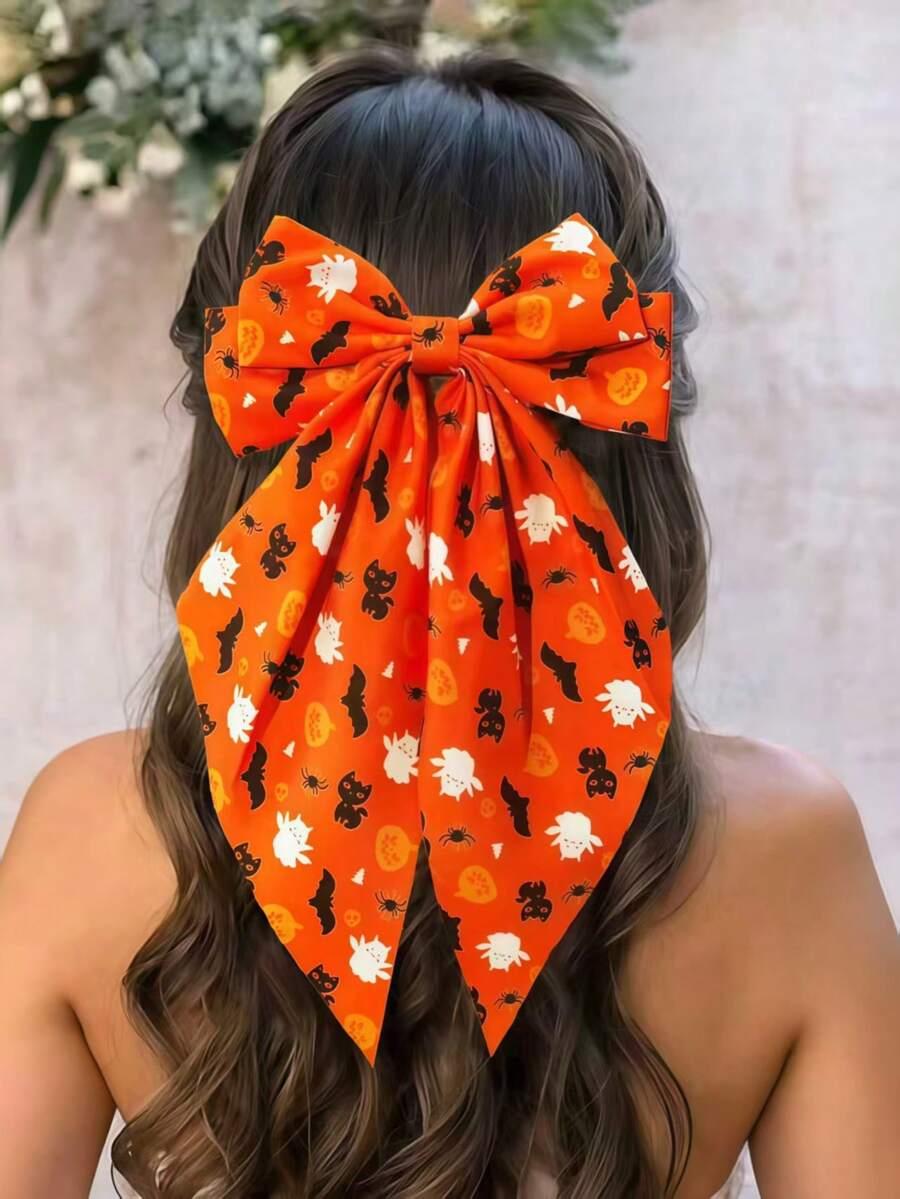 1pc Halloween Women's Bow Hair Clip, Large Ghost Bat Cat Pumpkin Print Satin Ribbon Hair Clip, Spooky French Style Hair Accessory, Suitable For Halloween Party - Multicolor - View 1