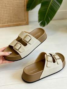 Women's Double Strap Adjustable Buckle Thick Sole Slides, Beige Matte Upper, Casual Commute Outdoor Wear, Versatile Slip-On Comfortable Easy-To-Wear - White - View 4