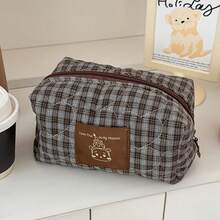1pc Gray Brown Vintage Japanese Style Square Bear Storage Bag, Multi-Functional Makeup Bag And Cardboard Bear Pencil Case, Stationery Storage Box And Large Capacity Cosmetic Bag, Suitable For Back To School - Multicolor - View 4