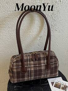 Women's Shoulder Bowling Bag, Fashionable Retro Plaid Design, Suitable For Shopping And Commuting, Brown Color, Autumn/Winter - Brown - View 1
