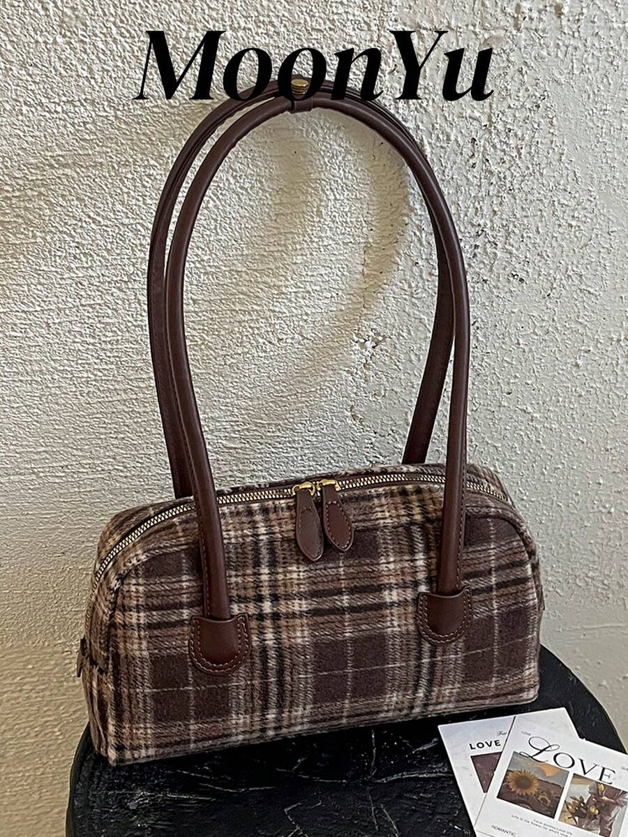 Women's Shoulder Bowling Bag, Fashionable Retro Plaid Design, Suitable For Shopping And Commuting, Brown Color, Autumn/Winter - Brown - View 1