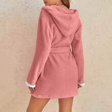 Women's Fashion Casual Loose Solid Color Long Hooded Tie-Front Bathrobe - Coral Pink - View 3