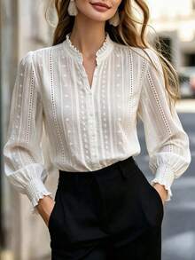 Women's Bohemian Style Solid Color Lace Semi-Sheer White Long Sleeve Stand Collar Ruched Button Shirt, Suitable For Home, Office, Vacation, Holiday, Spring, Autumn, Winter - White - View 5
