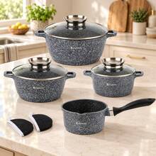 Elitehoff 9-Piece Nonstick Cookware Set, Marble-Effect Pots & Saucepan, 3 Glass Lids, Induction Compatible, 16–24 Cm, Black Or Grey - View 12