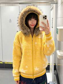 Women's American Retro Striped Star Pattern Oversized Fur Collar Hooded Cardigan Sweater, Thick Autumn/Winter Coat - Yellow - View 2