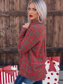 Autumn Fashion Casual Rolled-Up Sleeve Plaid Flannel Long Sleeve Shirt - Red - View 2