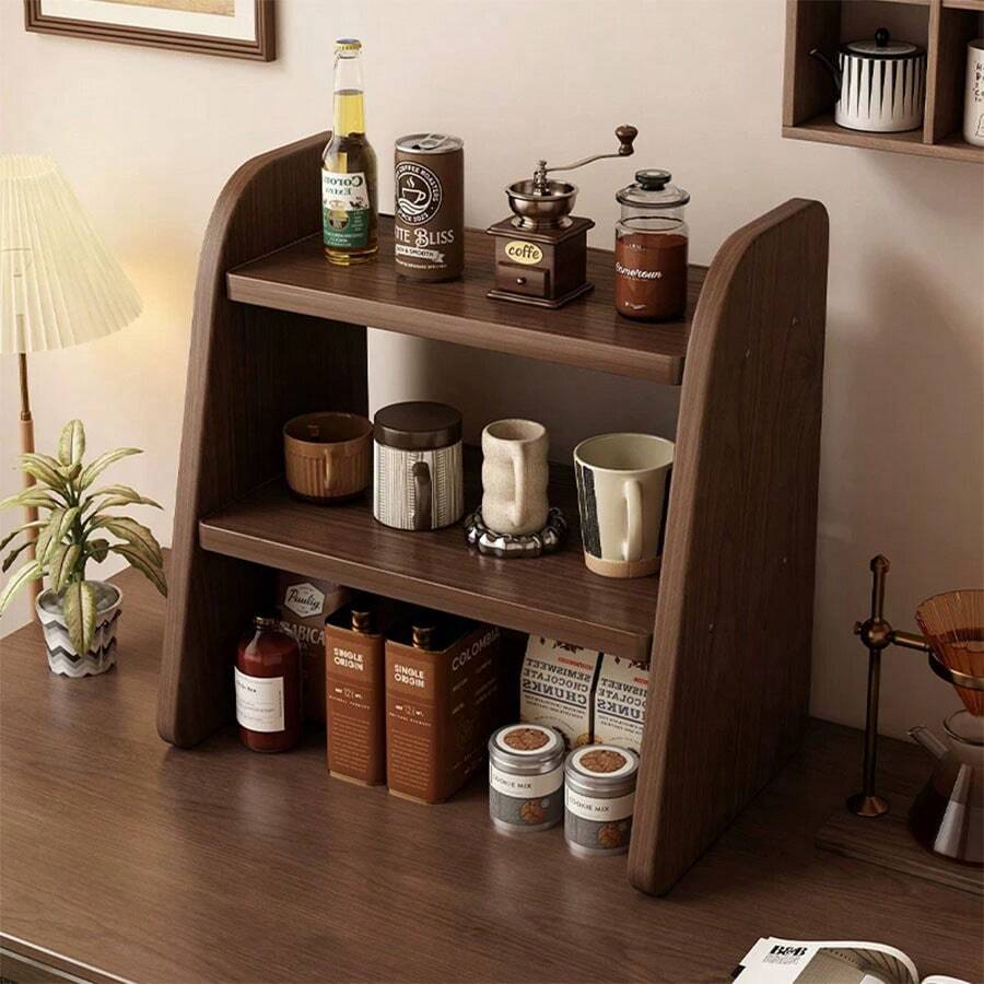 1pc Vintage Style Desktop Vertical Shelf, Large Capacity Wooden Desktop Storage Rack, Kitchen Organizer, Coffee Cup & Water Cup Display Stand, Multi-Functional Home Storage Rack, Suitable For Kitchen, Living Room, Bedroom, Entryway, Coffee Corner, Tea Area And More - Multicolor - View 1