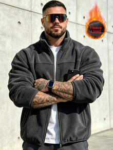 Men's Fleece Casual Solid Color Long Sleeve Jacket, Versatile For Autumn/Winter - Dark Grey - View 3