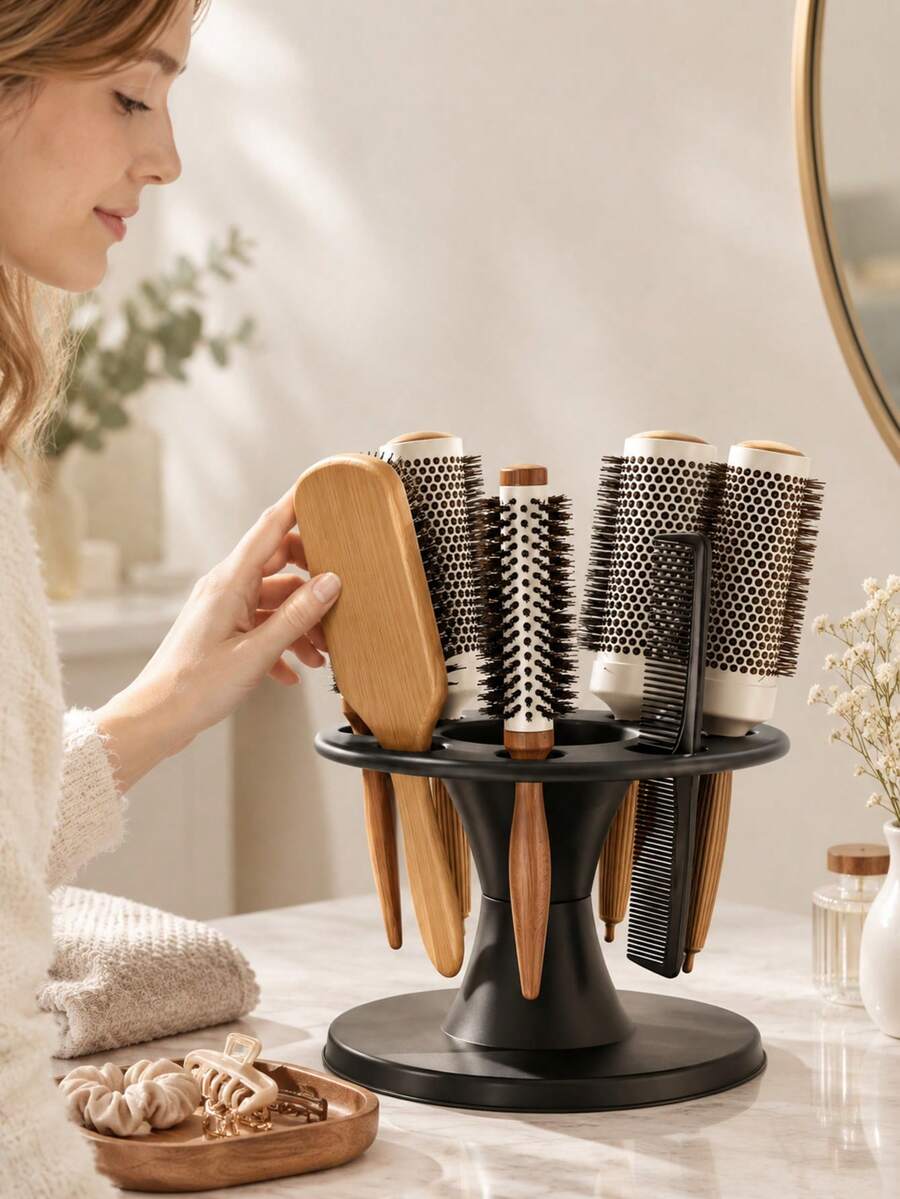 5pcs Set (Storage Rack + 4 Screws) Multi-Function Hair Brush Comb Organizer, 8 Holes With Center Divider, PP Plastic, Suitable For Salon And Home Vanity, Black - Multicolor - View 1
