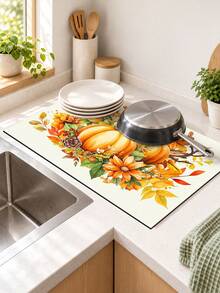 1pc Maple Leaf & Pumpkin Pattern Diatomaceous Earth Absorbent Drying Mat, Kitchen Countertop Drain Mat, Coffee Machine Mat, Dish Drying Mat, Dining Table Breakfast Mat, Non-Slip Heat Resistant, Easy To Clean, Hides Water Stains, Suitable For Kitchen, Dining Table, Coffee Shop, Bar, Home Decor, Holiday Gift - Multicolor - View 7