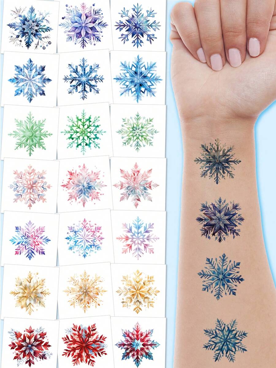 5件組冬季雪花亮片臨時紋身貼紙,藍色與銀色閃亮身體臉部彩繪,適合女孩與女性,雪花冬季主題派對裝飾禮物,易貼易撕 - 藍色 - 查看 1