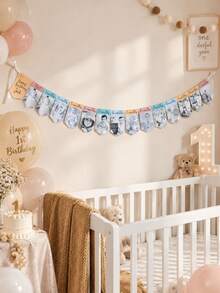 Personalized 1st Birthday Photo Banner, Customized Name Monthly Milestone Hanging Flag, Growth Timeline Banner, 1st Birthday Party Backdrop Decoration, Customized Photo Birthday Gift, Party Photo Booth And Celebration Wall Hanging Garland - Multicolor - View 8