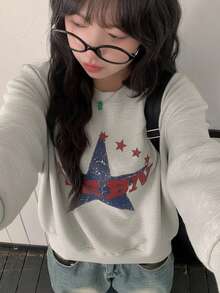 Vintage Distressed Textured Large Five-Point Star URBN Letter Print Crew Neck Sweatshirt Relaxed Fit Casual Autumn Top - White-gray - View 7