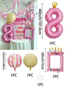 Pink Crown Number Balloon Set, 40 Inch 1-9 Pink Crown Number Balloons, 28 Inch Pink Birthday Photo Frame Balloon, 22 Inch Pink & Yellow 4D Foil Balloons, With Macaron Color Tassel Garland, Birthday, Wedding, Bachelorette Party Decoration Props - Pink Crown Number Balloon Set - View 12