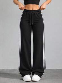 Women Black Wide Leg Pants With Drawstring Elastic Waist And Double Side Stripes Casual Full Length Trousers For Daily Wear - Black - View 8