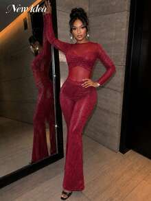 NEW IDEA Women's Sexy Edgy Burgundy Fall Winter Jumpsuit, Mesh Panel Long Sleeve Flared Leg Jumpsuit For Night Out, Club, Party, Cocktail - Burgundy - View 6