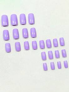 24Pcs Minimalist French Style Apricot Color Short Square Wearing False Nails, Nail Tips Set For Shopping, Dating, And Afternoon Tea Press On Nails Nail Supplies Nails - Purple - View 2