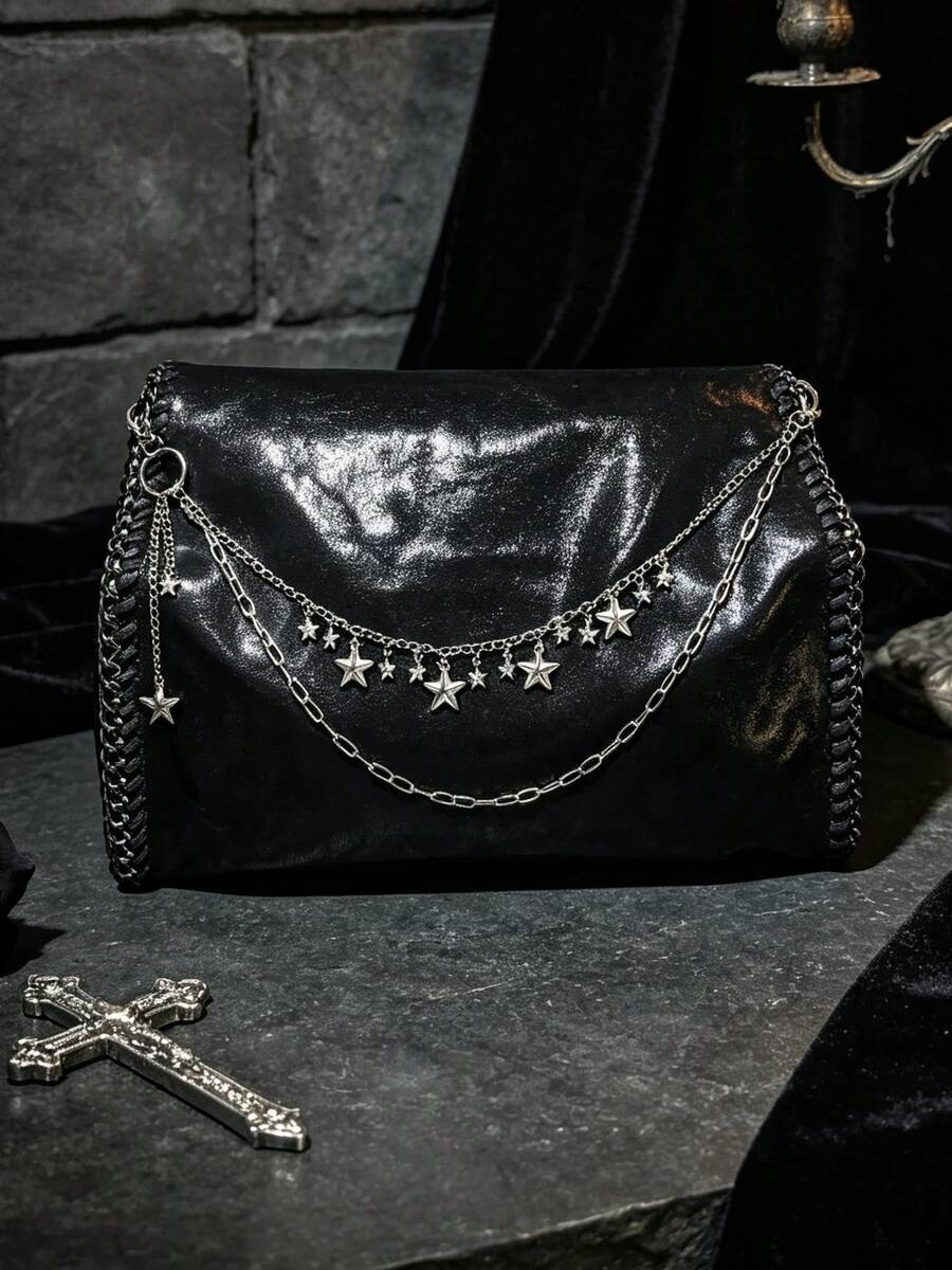 1 PC Gothic Multi-Layer Star Metal Bag Chain, Large Size Silver Punk Waist Chain Decor, Detachable Bag Charm Accessory - Silver - View 1