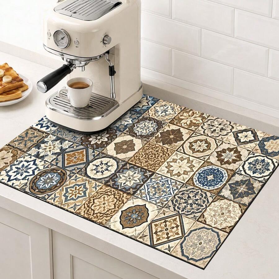 1pc Plaid Illustration Pattern Diatomaceous Earth Absorbent Drying Mat, Kitchen Countertop Dish Drying Pad, Coffee Machine Mat, Bowl & Plate Drying Mat, Dining Table Breakfast Mat, Non-Slip Heat-Resistant Easy To Clean Hidden Water Stains, Suitable For Kitchen, Dining Table, Coffee Shop, Bar, Home Decor, Holiday Gift - Multicolor - View 1