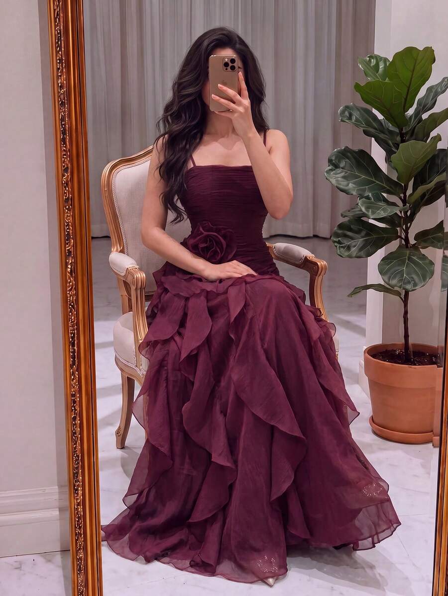Elegant Red Mermaid Skirt, Sleeveless Strapless Design, Embellished With Pearl Decor, Suitable For Formal Occasions - Burgundy - View 1